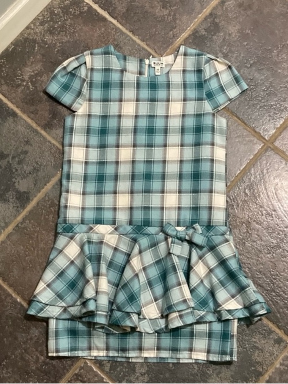 Ruum Girls' Teal and Cream Plaid Peplum Dress